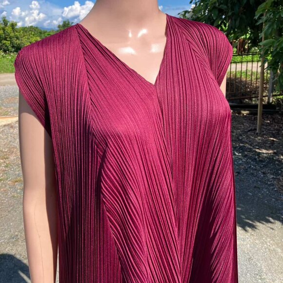 PLEATS PLEASE Issey Miyake Oversized Sleeveless Purple Red V-Neck Dress Size 3 L - Picture 6 of 11